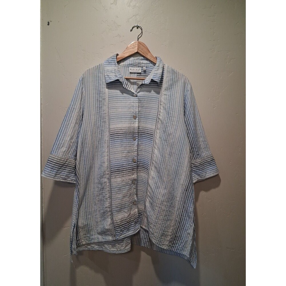 Habitat Clothes To Live In Womens M Blue White Tunic Top Button Up Lagenlook Art